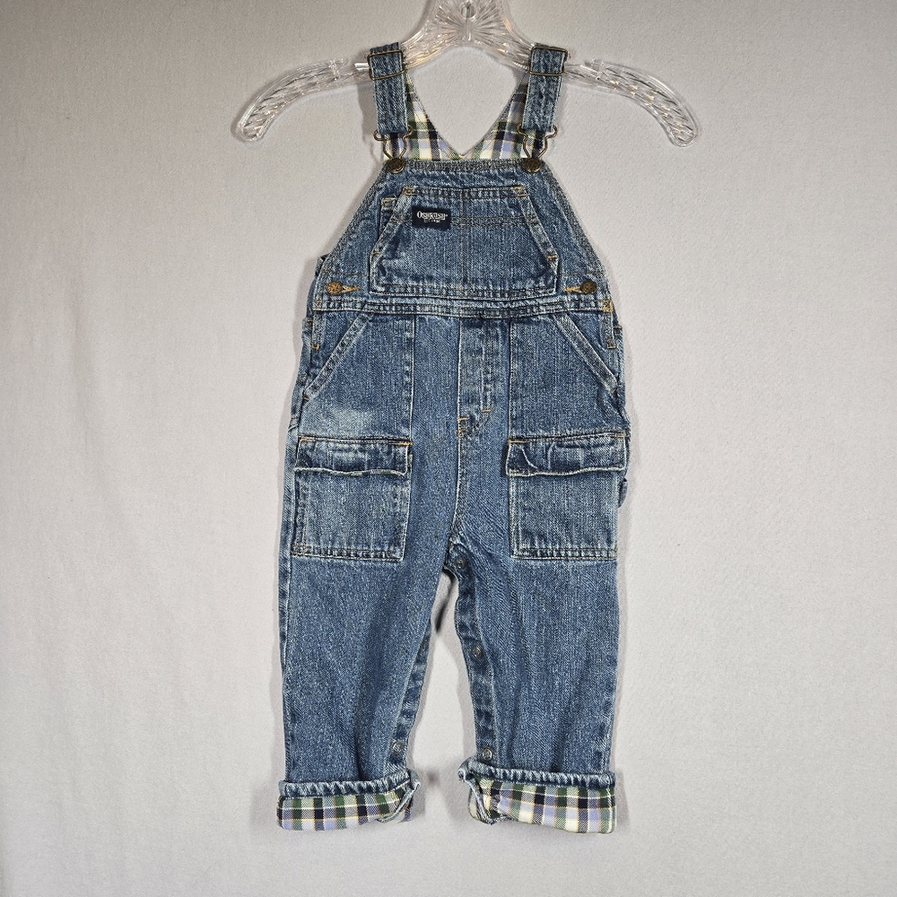 Vintage Oshkosh Denim Overalls Size 24 Months Jeans Cargo Pockets Plaid